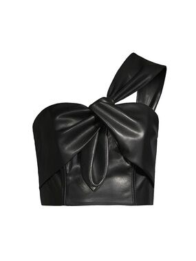 Milly Black One-Shoulder Faux Leather Knot Crop Top